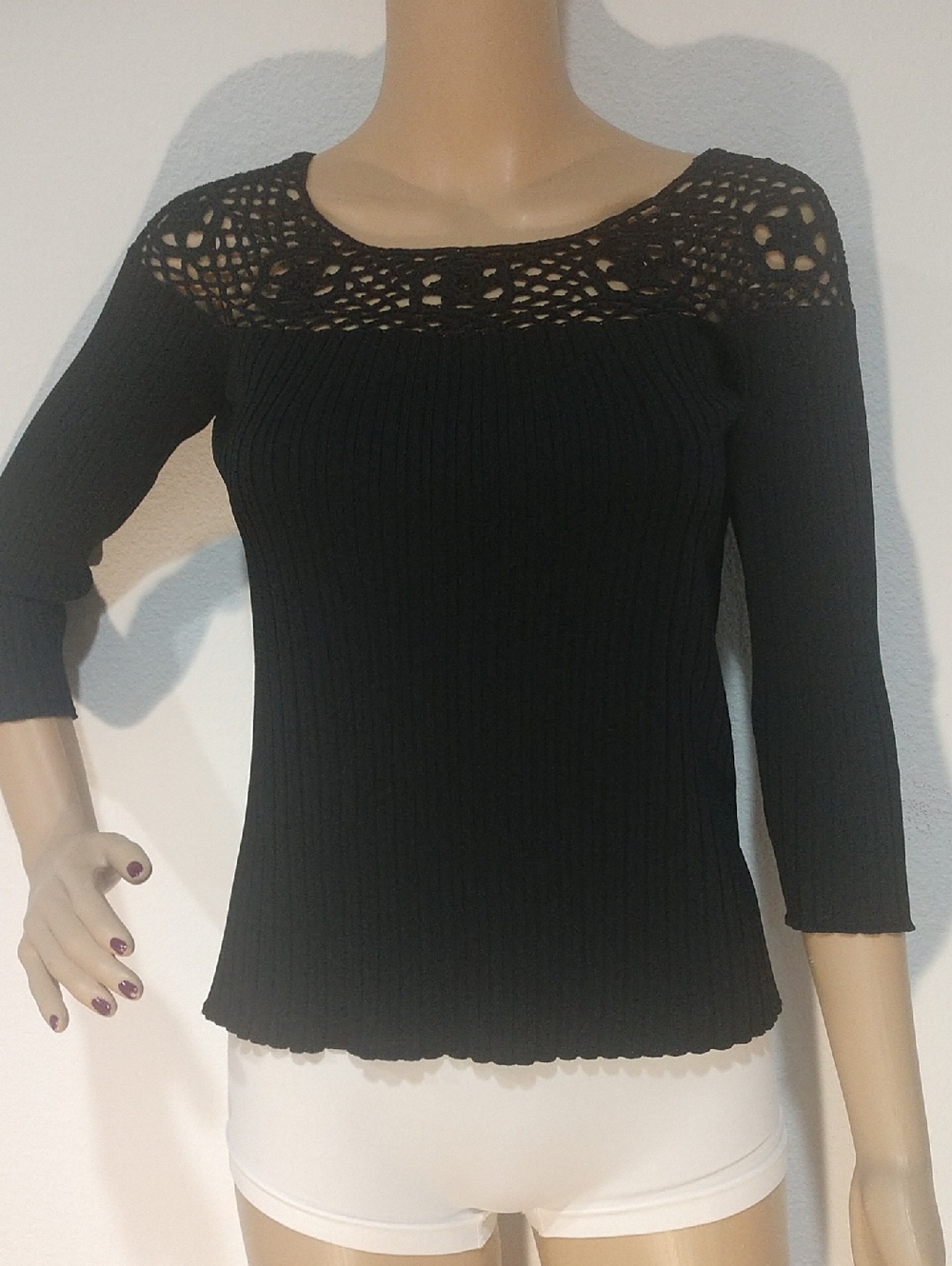Dolce Cabo Black Crochet Yoke Ribbed Knit Top
